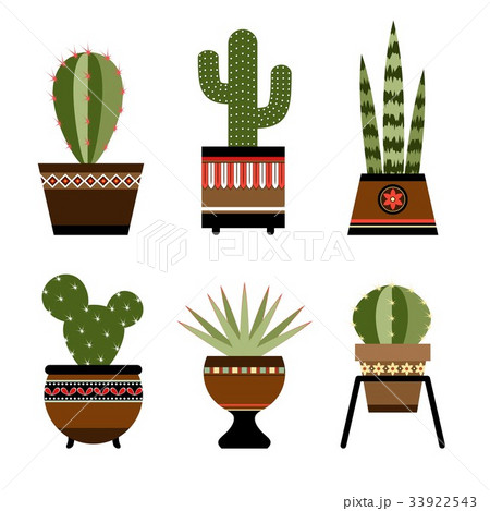 Six cactuses in pots with ornament 33922543