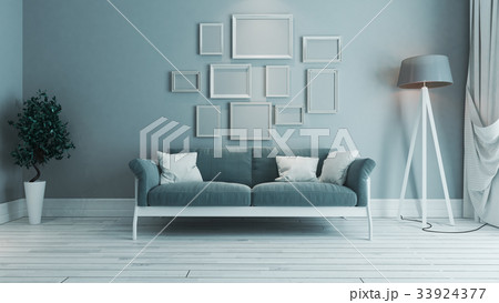blue color living room with photo frame interior 33924377
