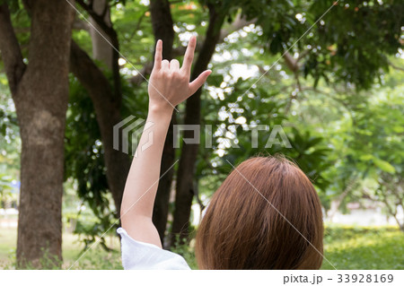 Female hand with I love you finger gesture. woman showing symbol sign language Female hand with I love you finger gesture. woman showing symbol sign language 33928169