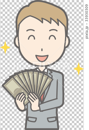 Illustration of a businessman in a suit holding a wad of money 33930309