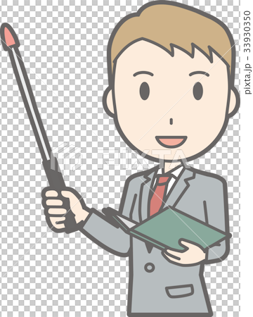 Illustration of a businessman in a suit holding a pointer with a smile 33930350