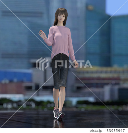 ビル群をバックにポーズする若い女性 perming3DCGイラスト素材 ビル群をバックにポーズする若い女性 perming3DCGイラスト素材 33935947