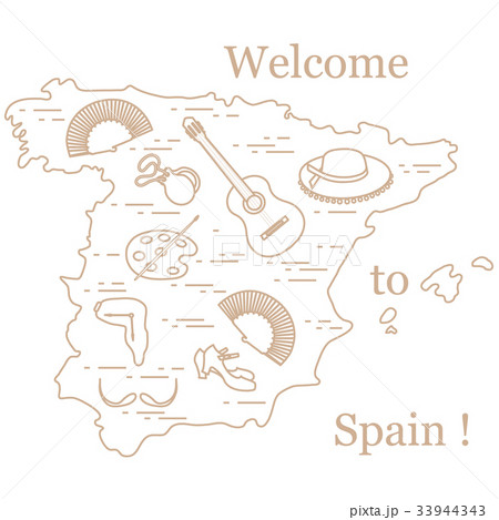 various symbols of Spain arranged in a circle 33944343