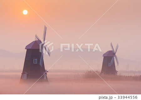 autumn landscape misty  on the wooden windmills 33944556