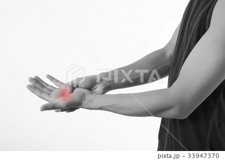 Young man pain in the palm on white background. 33947370