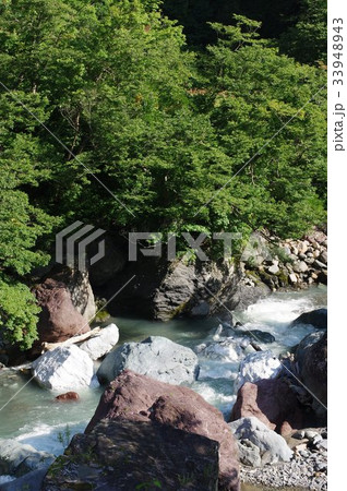 新潟　糸魚川の天然記念物「小滝川硬玉産地」　ヒスイ原石の巨石が点在する　小滝川ヒスイ峡ジオサイト 33948943