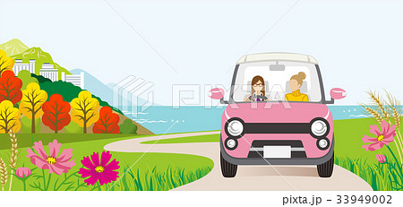 秋 ドライブする車 正面 二人の女性のイラスト素材