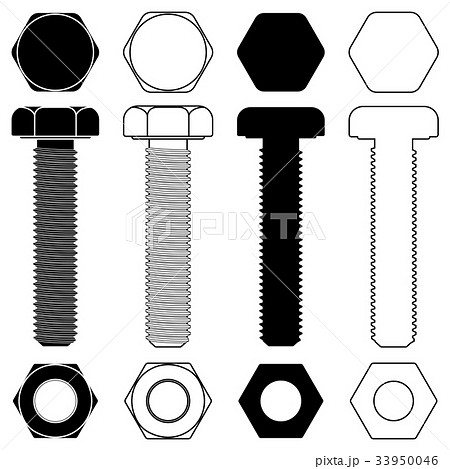 Metal bolt with nut. Outline and silhouette 33950046