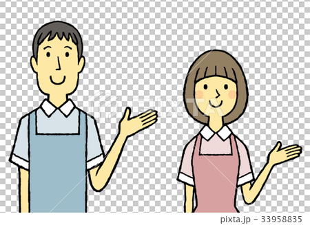 エプロン姿の若い男女 こちら エプロン姿の若い男女 こちら 33958835