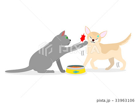 盗み食いに来た犬を猫パンチで撃退する猫のイラスト素材