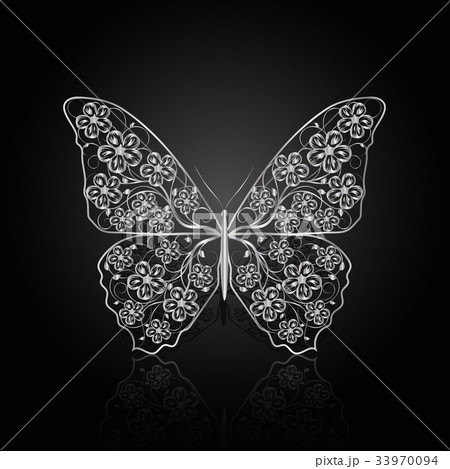 Silver butterfly with floral pattern. 33970094
