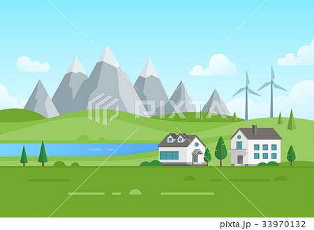 Housing estate with windmills by the lake - modern 33970132