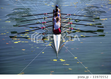 Males fours rowing team in race on the lake Males fours rowing team in race on the lake 33970552