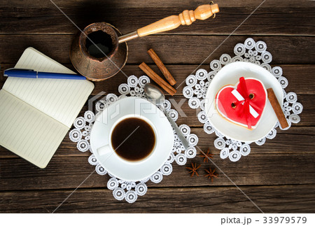Cozy holiday. Mug coffee, notepad, pencil, cezve Cozy holiday. Mug coffee, notepad, pencil, cezve 33979579