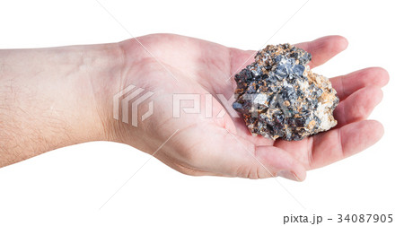 side view of zinc and lead ore on male palm side view of zinc and lead ore on male palm 34087905