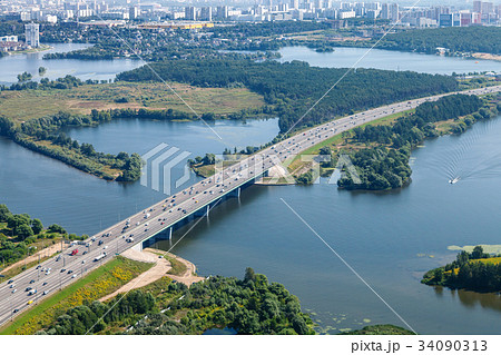 bird's eye view of Novorizhskoye Shosse over river bird's eye view of Novorizhskoye Shosse over river 34090313