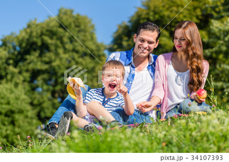 Family having picnic sitting in grass on meadow 34107393