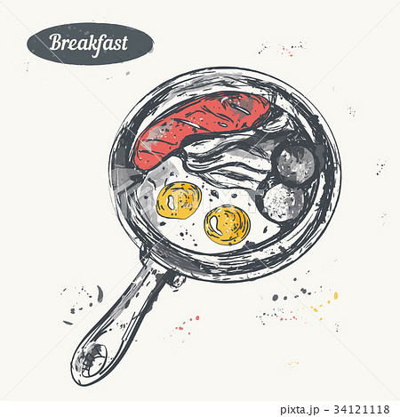 Hand drawn sketch. Breakfast set. Frying pan with Hand drawn sketch. Breakfast set. Frying pan with 34121118