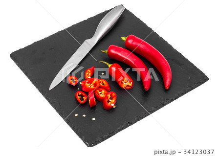 Spice in cooking red chili pepper on black stone 34123037