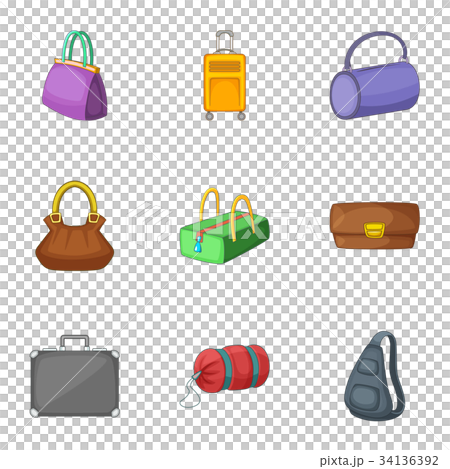 Bags and suitcases icons set, cartoon style Bags and suitcases icons set, cartoon style 34136392