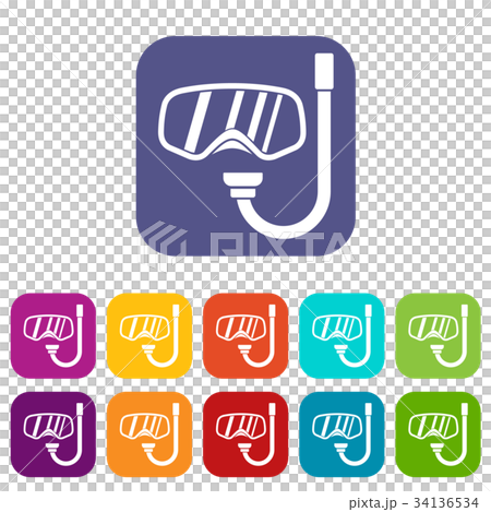 Goggles and tube for diving icons set 34136534