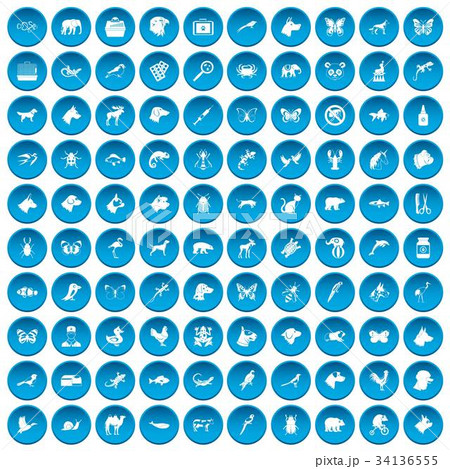 100 animals icons set blue 34136555