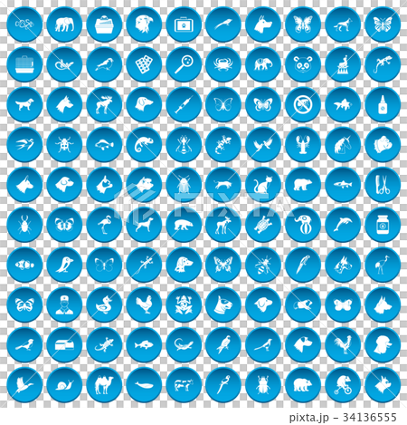 100 animals icons set blue 34136555
