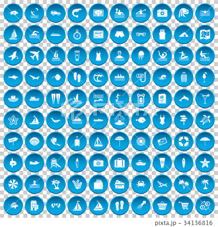 100 beach icons set blue 34136816