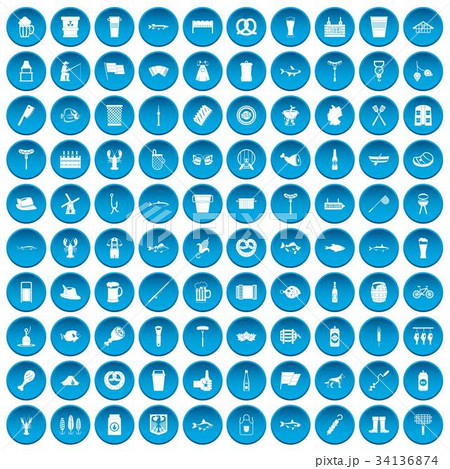 100 beer icons set blue 34136874