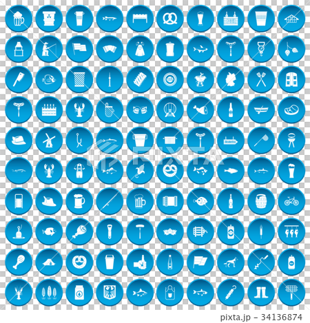100 beer icons set blue 34136874