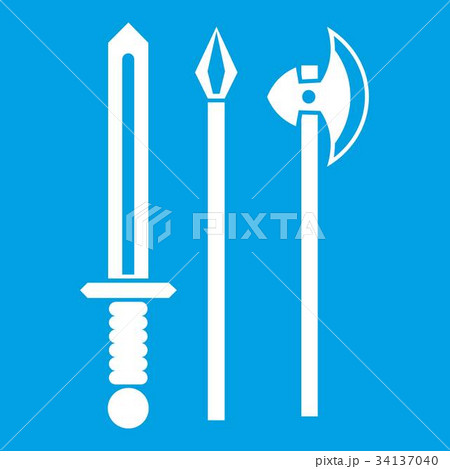 Ancient weapon sword, pick and axe icon white 34137040