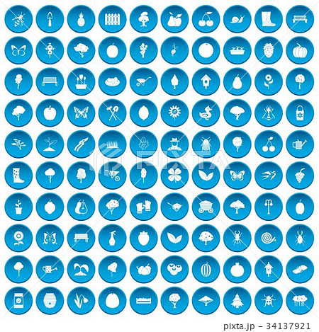 100 gardening icons set blue 34137921