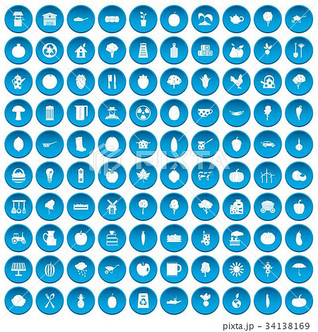 100 health food icons set blue 34138169