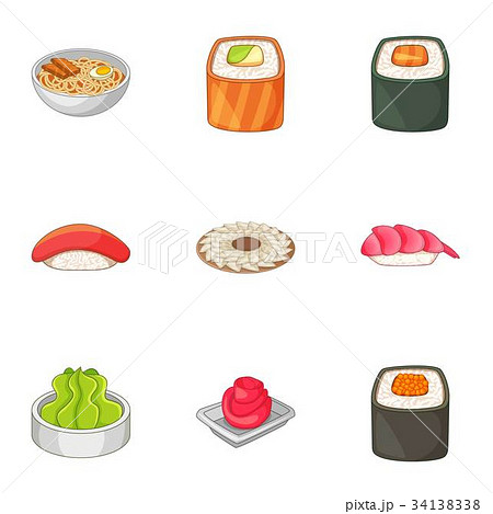 Many asian sushi food icons set, cartoon style Many asian sushi food icons set, cartoon style 34138338