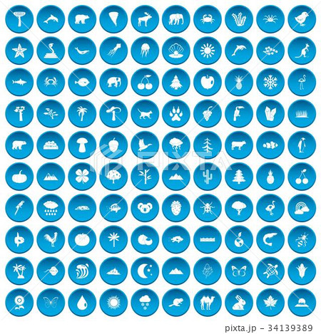 100 nature icons set blue 34139389