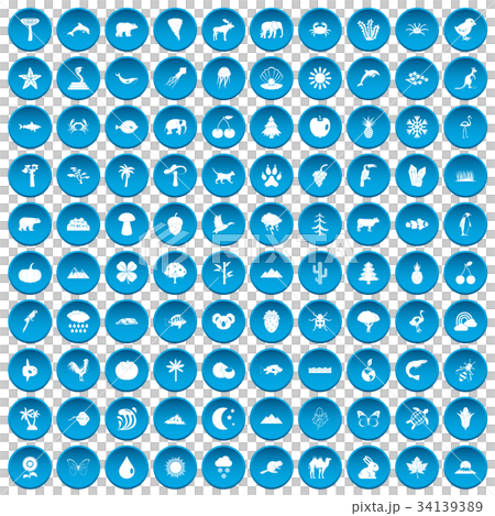 100 nature icons set blue 34139389