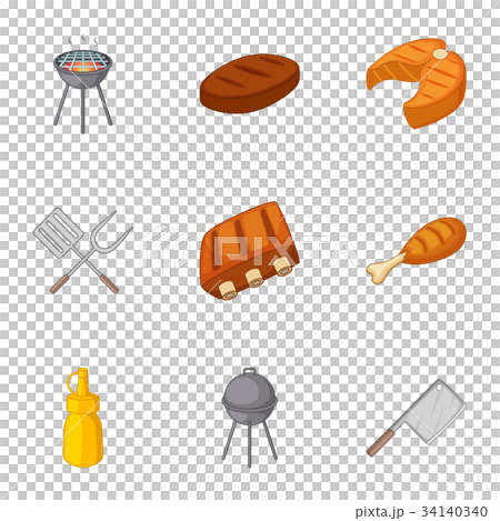Grilling icons set, cartoon style Grilling icons set, cartoon style 34140340