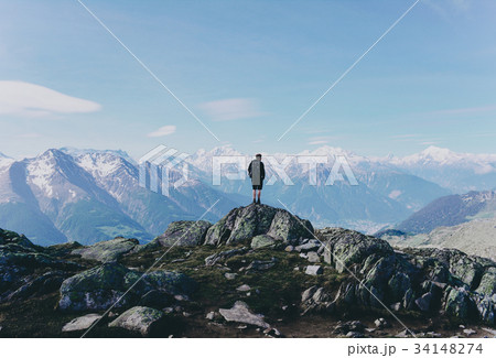 Hiker on mountain top rock. Hiker on mountain top rock. 34148274