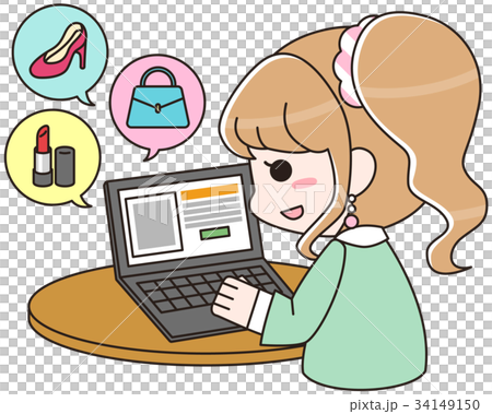 パソコンでショッピングやフリマ オークションサイトを利用する女性のイラスト素材