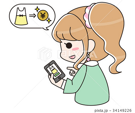 スマートフォンでフリマやオークションサイトに出品する女性のイラスト素材