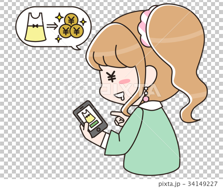 Woman bidding on flea market or auction site with smartphone 34149227
