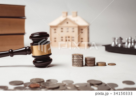 Gavel of lawyer with education book, house model 34150333