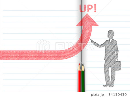 ノートの背景に矢印を上に向けるビジネスマンのシルエット 34150430