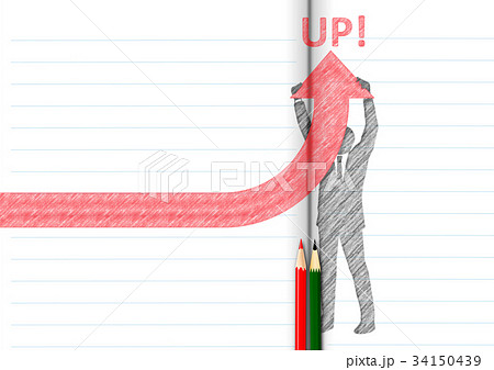 ノートの背景に矢印を上に向けるビジネスマンのシルエット 34150439