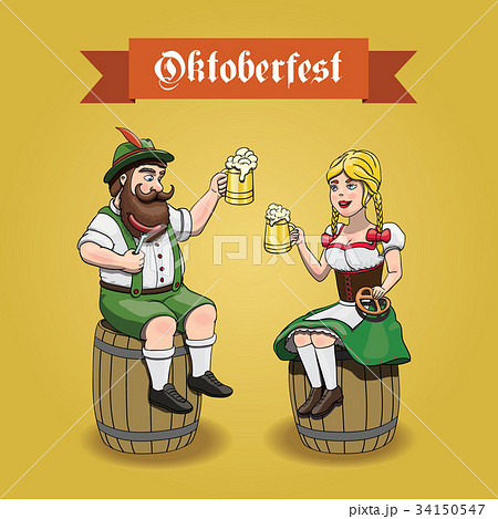 Cartoon Bavarian man woman with beer. Oktoberfest  34150547