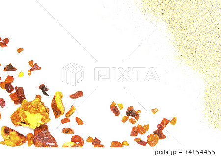 Eight different pieces of amber on a white 34154455
