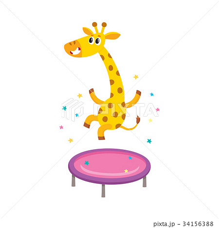 Vector Flat Giraffe Jumping On Trampolineのイラスト素材
