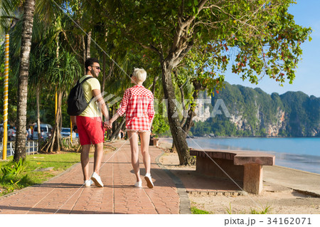 Couple Walking Tropical Beach Palm Trees Summer 34162071