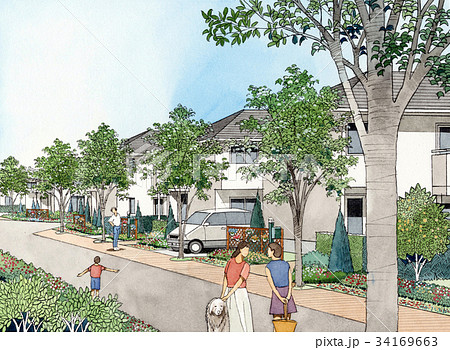 まちなみのスケッチ　主婦の立ち話　街並み　街並みイメージ　家族　女性 34169663
