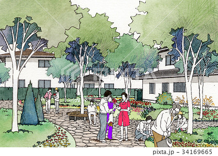 公園　広場　コミュニティー　街並み　街並みイメージ　家族　女性 34169665